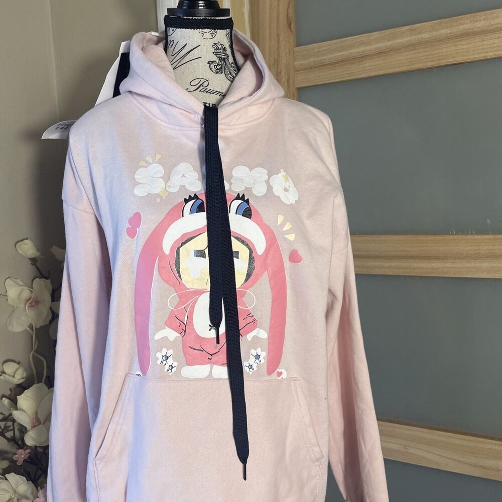 Kawaii Pastel Pink Bunny Hoodie Womens S Cute Anime Graphic Sweatshirt Soft Girl - Picture 3 of 7